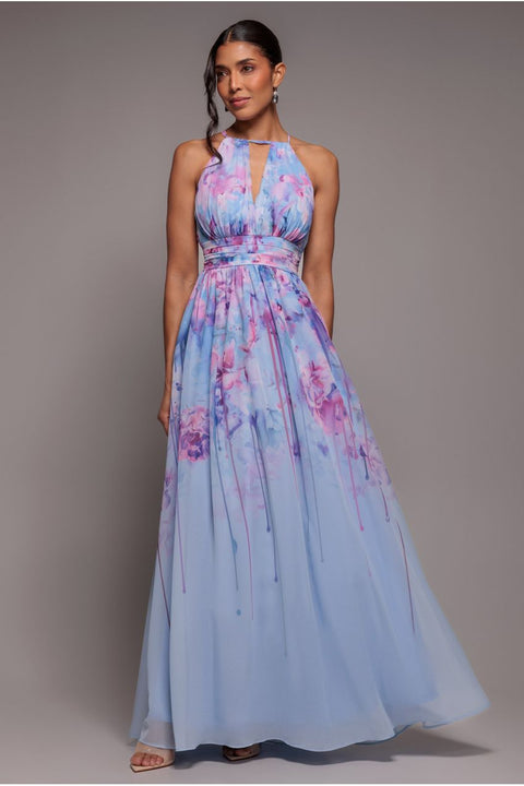 Blue Floral Halter Neck Chiffon Maxi Dress by Goddiva