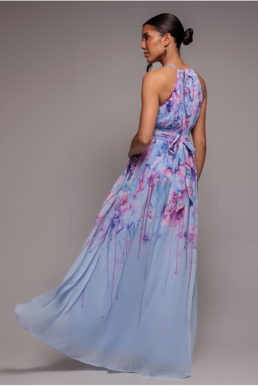 Blue Floral Halter Neck Chiffon Maxi Dress DR4299