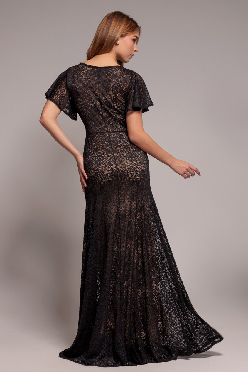 Black Lace Flutter Sleeve A-Line Maxi Dress DR4361