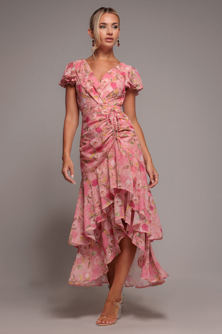 Pink Floral Wrap High-Low Chiffon Midaxi Dress DR4369