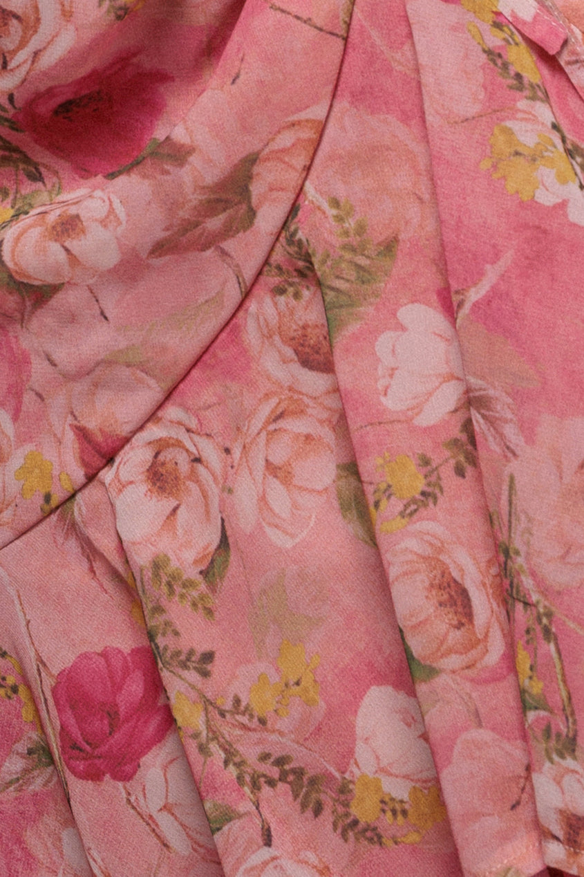 Pink Floral Wrap High-Low Chiffon Midaxi Dress DR4369