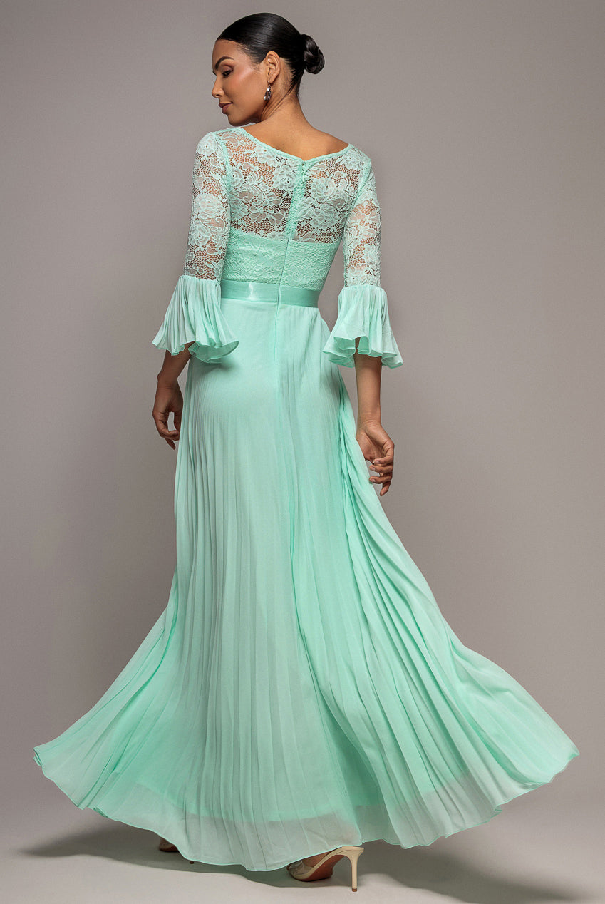 Mint Scalloped Lace Bodice Pleated Chiffon Maxi Dress DR4390