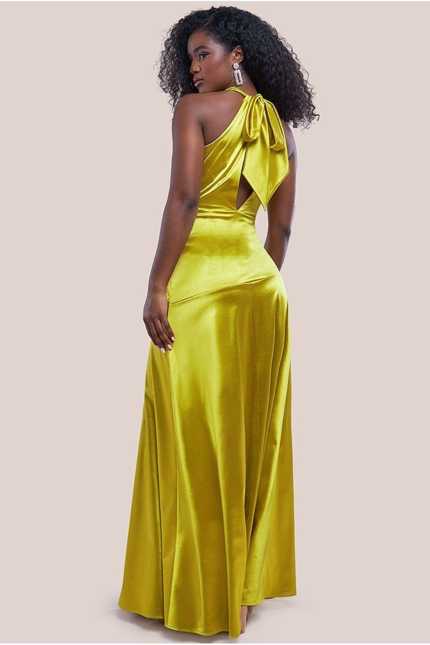 Lime Satin Halter Neck Front Slit Maxi Dress DR4398