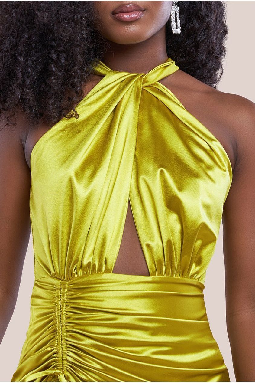 Lime Satin Halter Neck Front Slit Maxi Dress DR4398