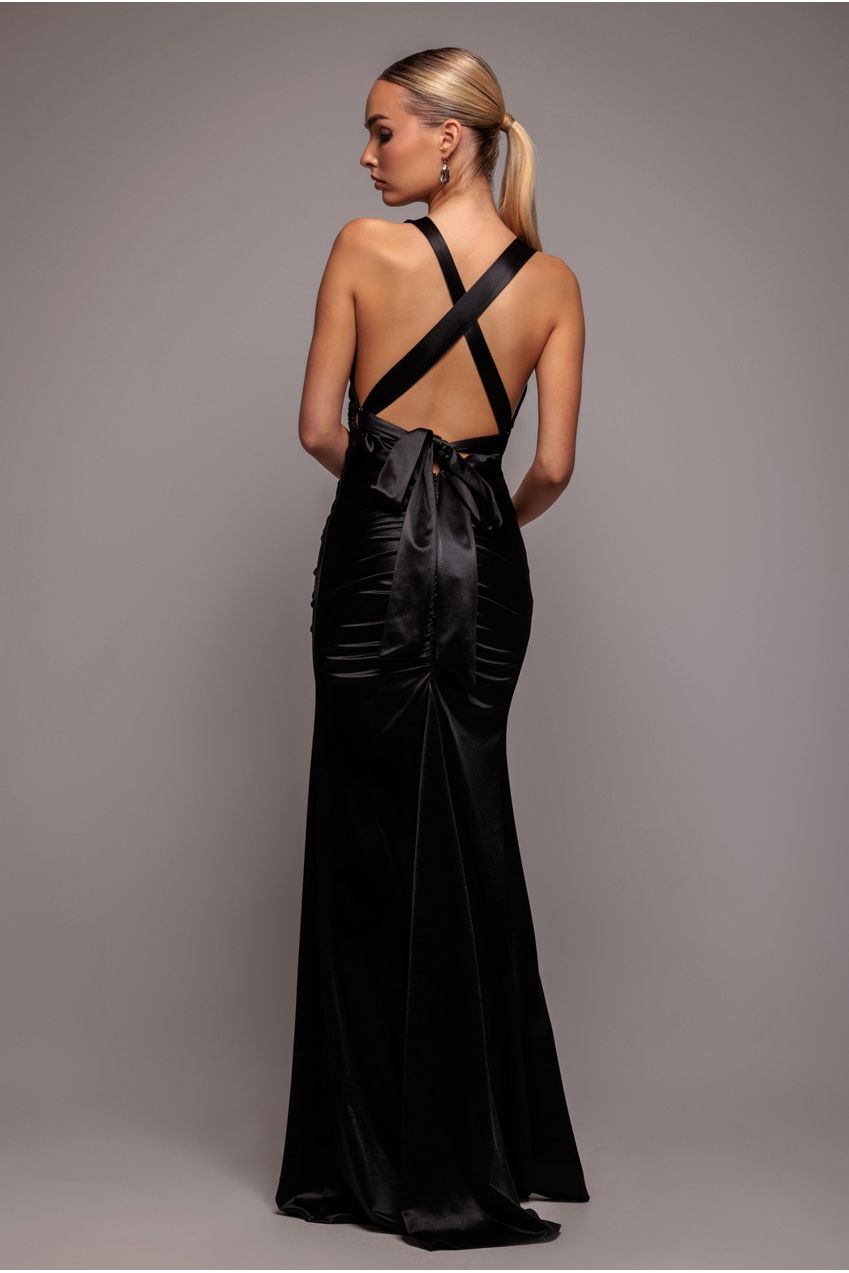 Black Satin Ring-Detail Gathered Maxi Dress DR4417