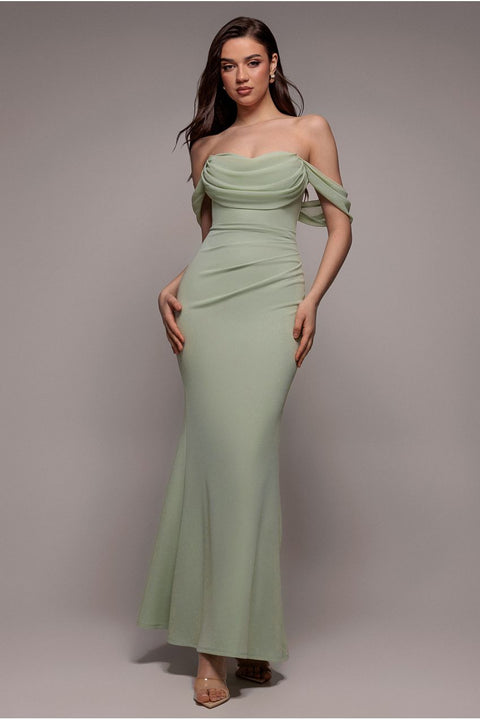 Sage Green Off-Shoulder Cowl Scuba & Chiffon Maxi Dress by Goddiva
