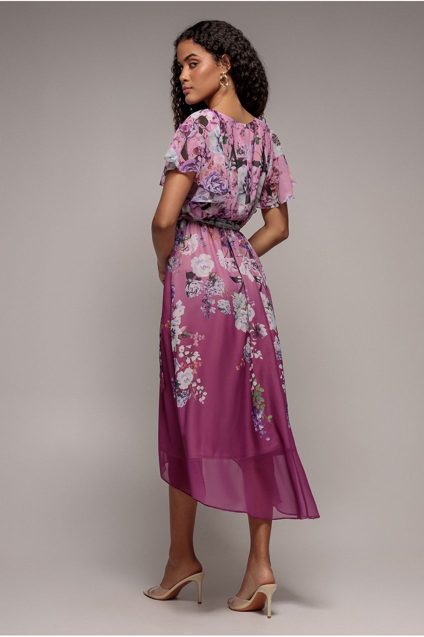 Magenta Floral Flutter Sleeve A-Line Chiffon Midi Dress DR4481