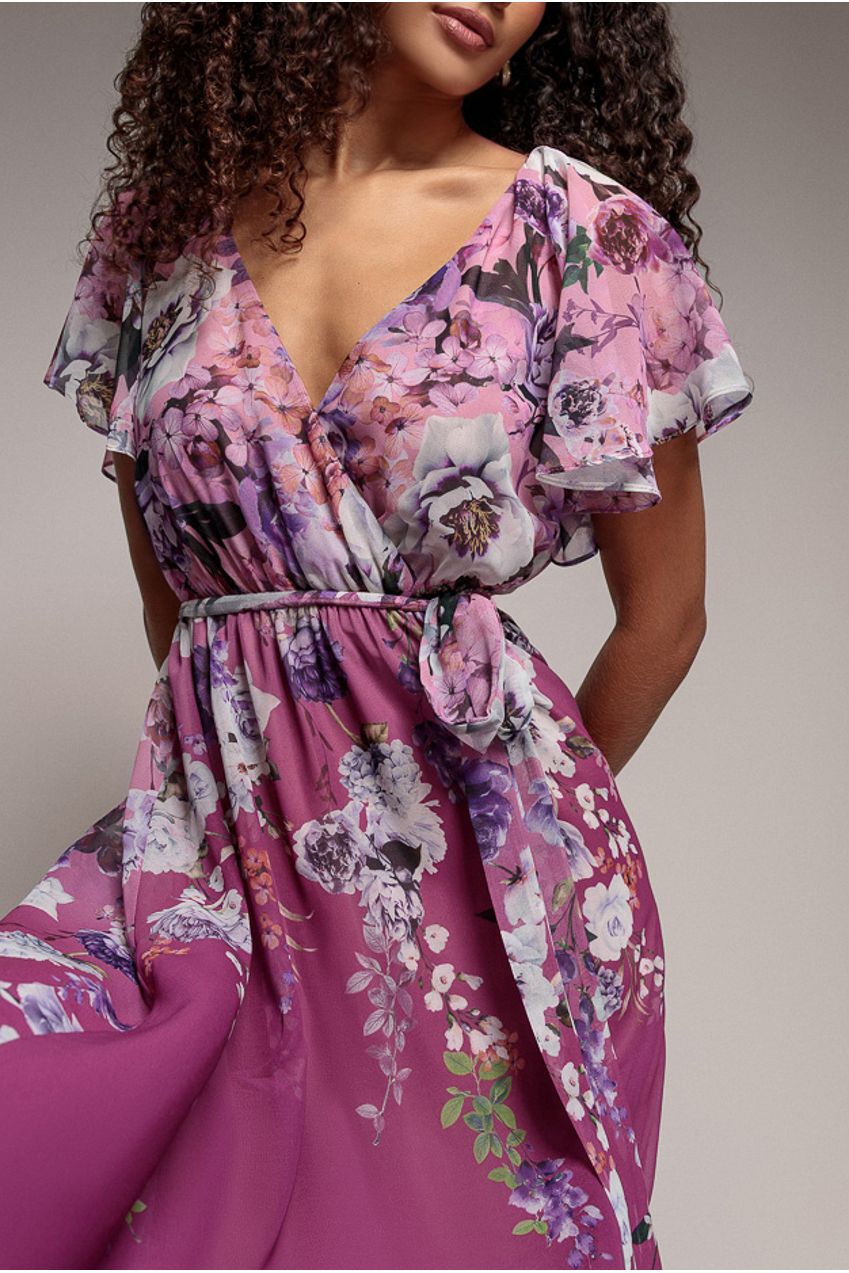 Magenta Floral Flutter Sleeve A-Line Chiffon Midi Dress DR4481
