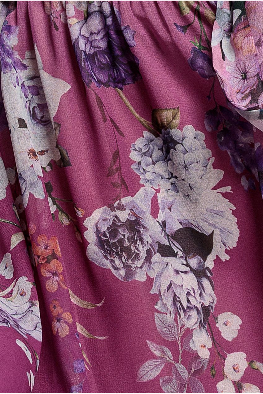 Magenta Floral Flutter Sleeve A-Line Chiffon Midi Dress DR4481
