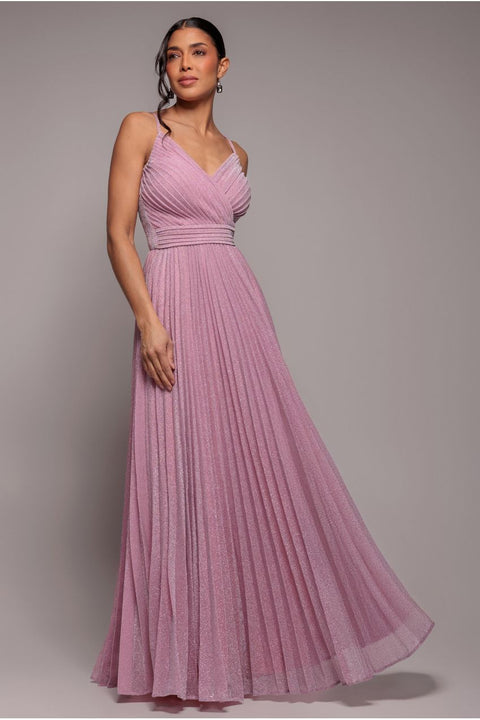 Pink Shimmer Lurex Sleeveless Pleated A-Line Maxi Dress by Goddiva