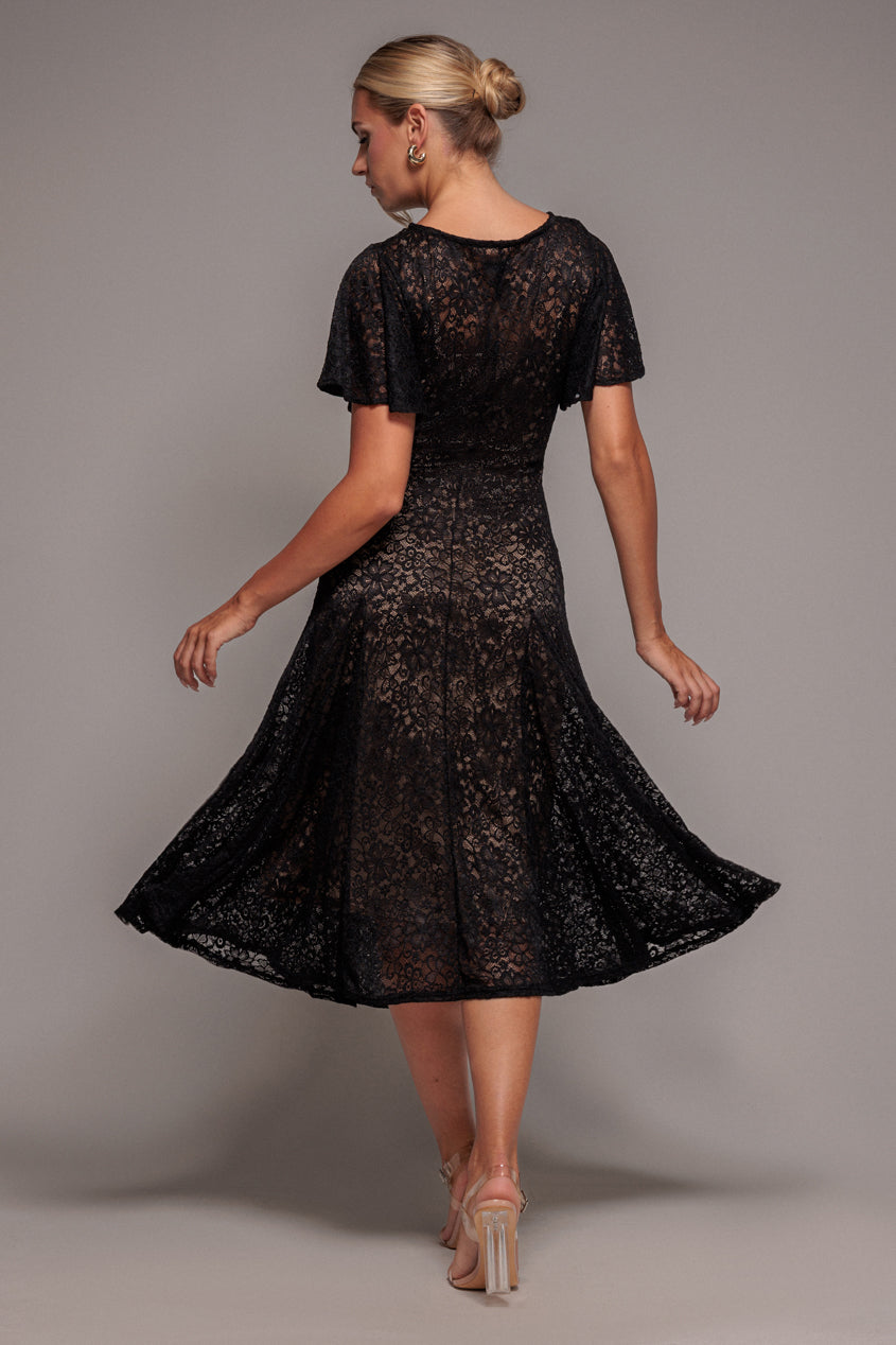 Black Lace Flutter Sleeve A-Line Midi Dress DR4498