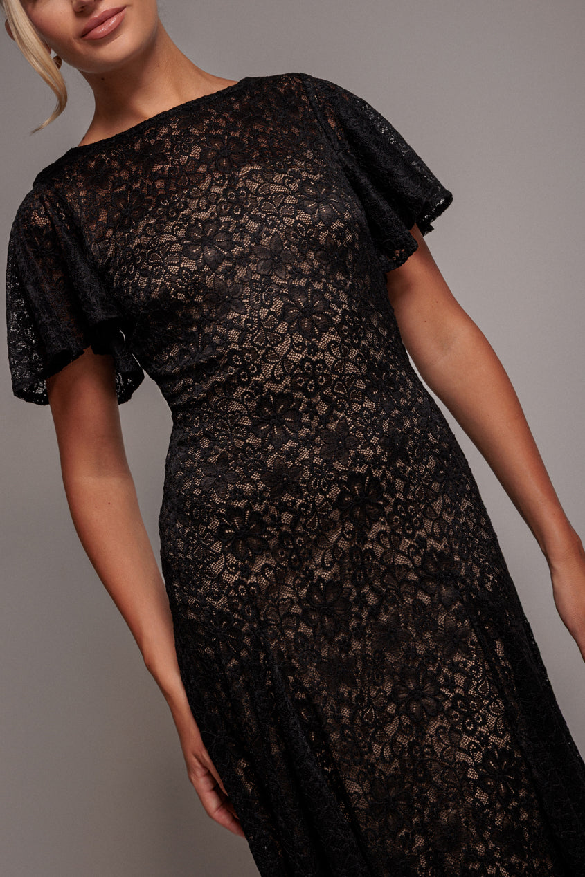 Black Lace Flutter Sleeve A-Line Midi Dress DR4498