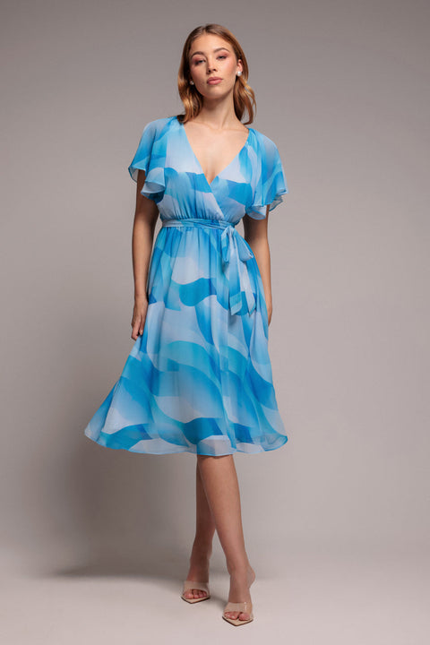 Light Blue Floral Flutter Sleeve Chiffon Midi Dress by Goddiva