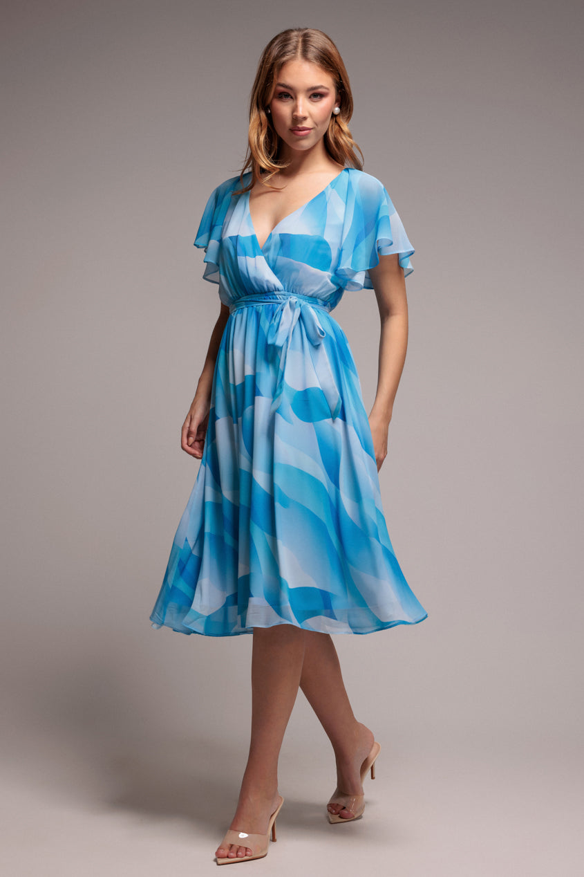 Light Blue Floral Flutter Sleeve Chiffon Midi Dress DR4515