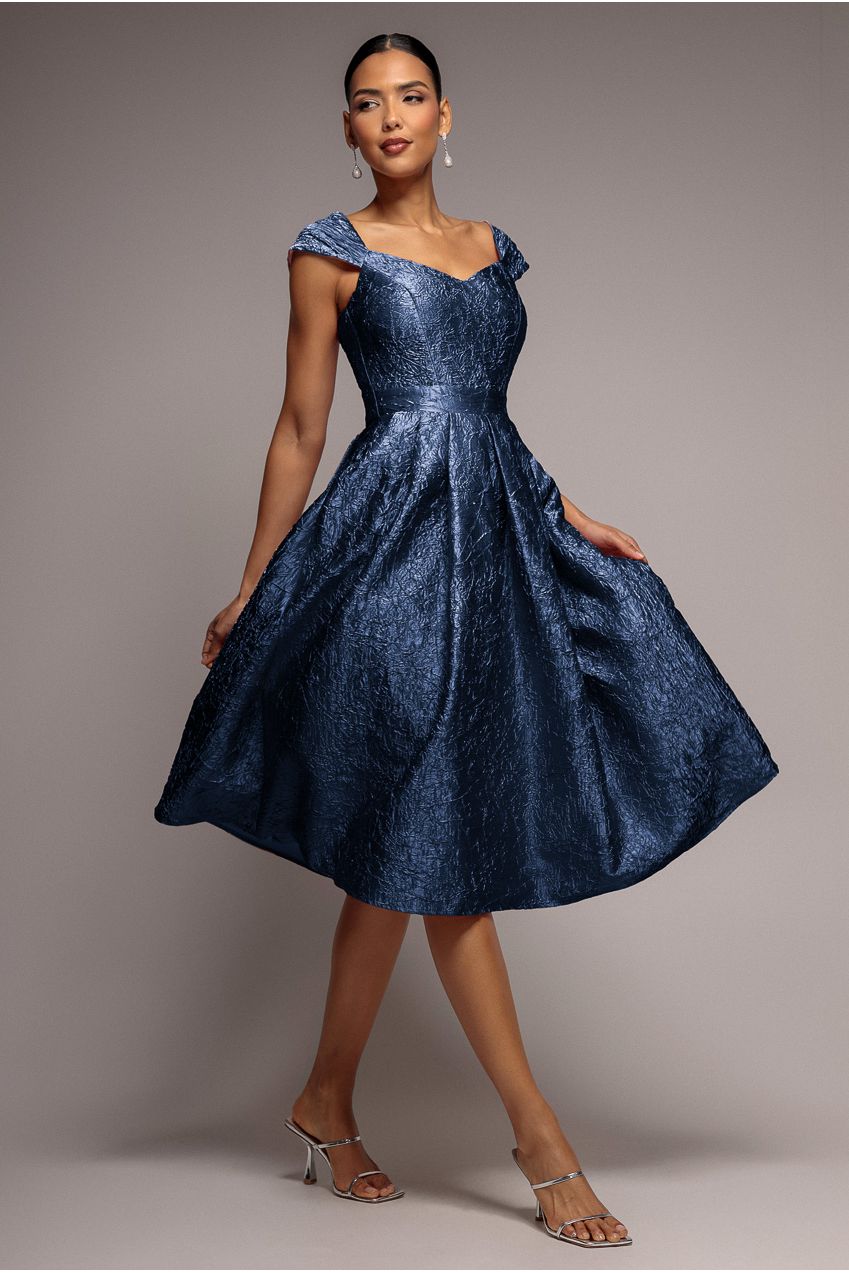 Navy Crushed Satin Sleeveless A-Line Midi Dress DR4551