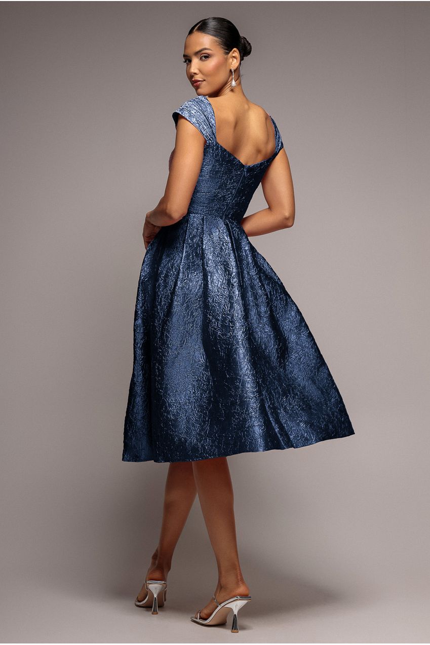 Navy Crushed Satin Sleeveless A-Line Midi Dress DR4551