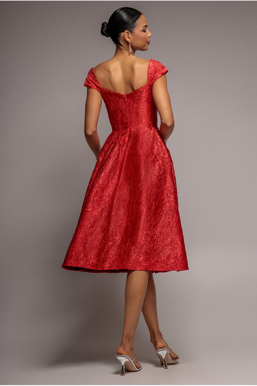 Red Crushed Satin Sleeveless A-Line Midi Dress DR4551