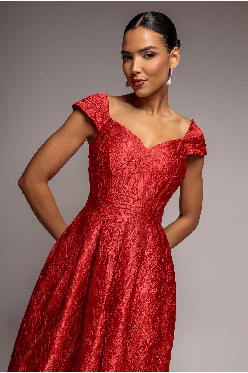 Red Crushed Satin Sleeveless A-Line Midi Dress DR4551