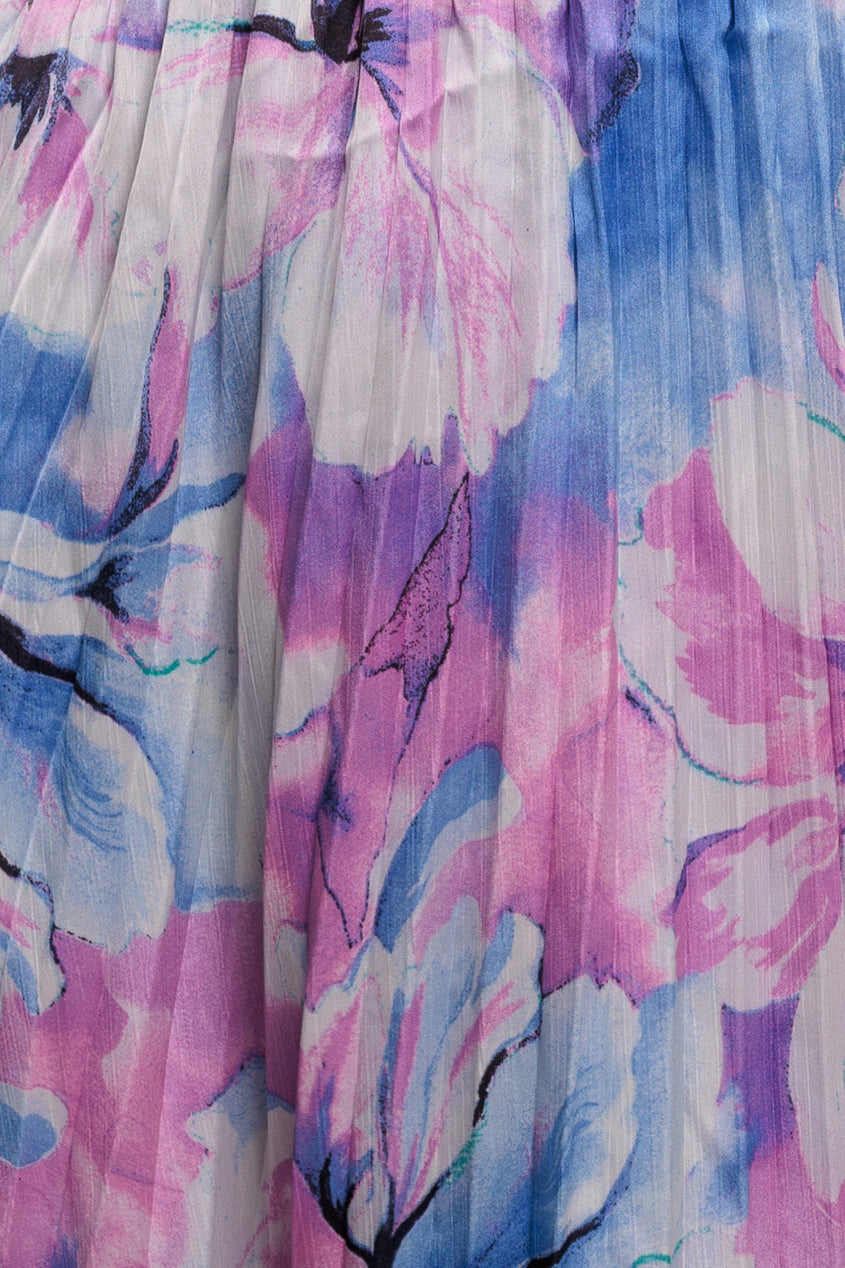 Blue Floral Flutter Sleeve Pleated Chiffon Midi Dress DR4565