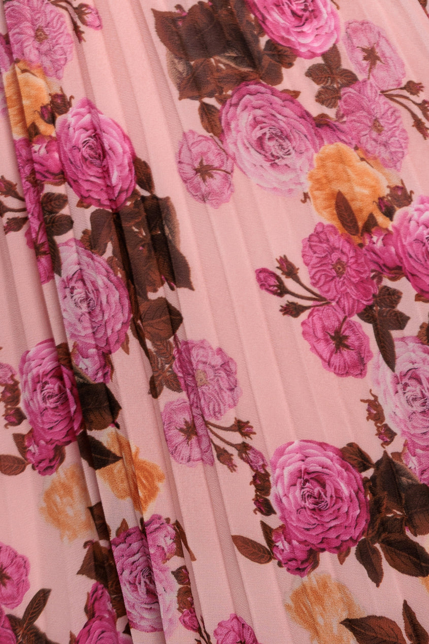 Pink Floral Flutter Sleeve Pleated Chiffon Midi Dress DR4565