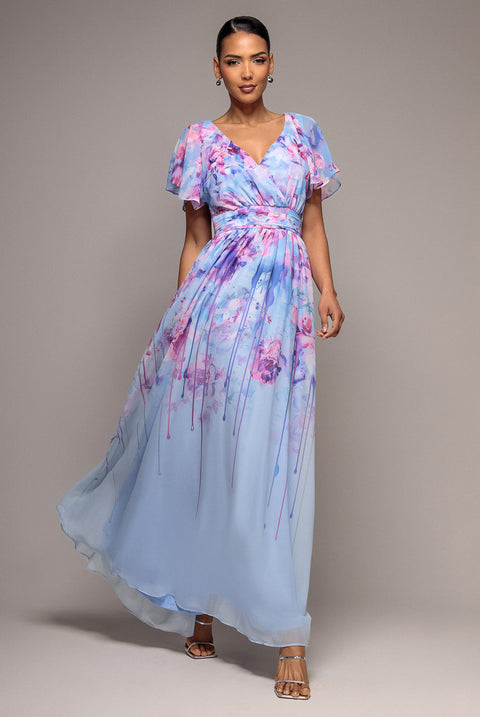 Blue Floral Silky Chiffon Flutter Sleeve Maxi Dress by Goddiva