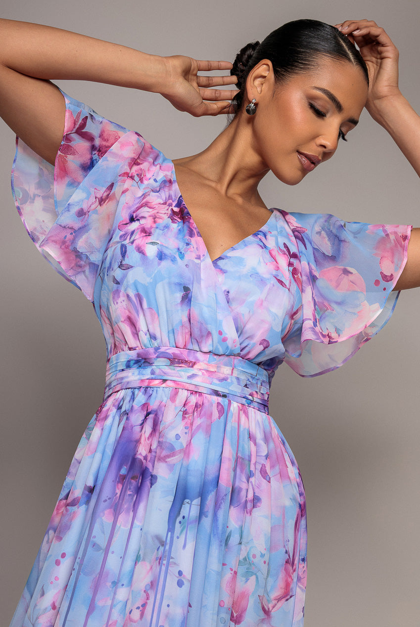 Blue Floral Silky Chiffon Flutter Sleeve Maxi Dress DR4579