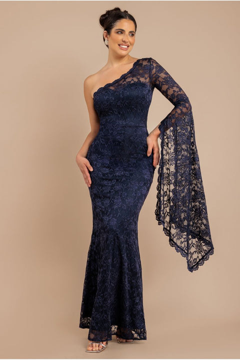 Navy Blue Scalloped Lace One Shoulder Maxi Dress by Goddiva