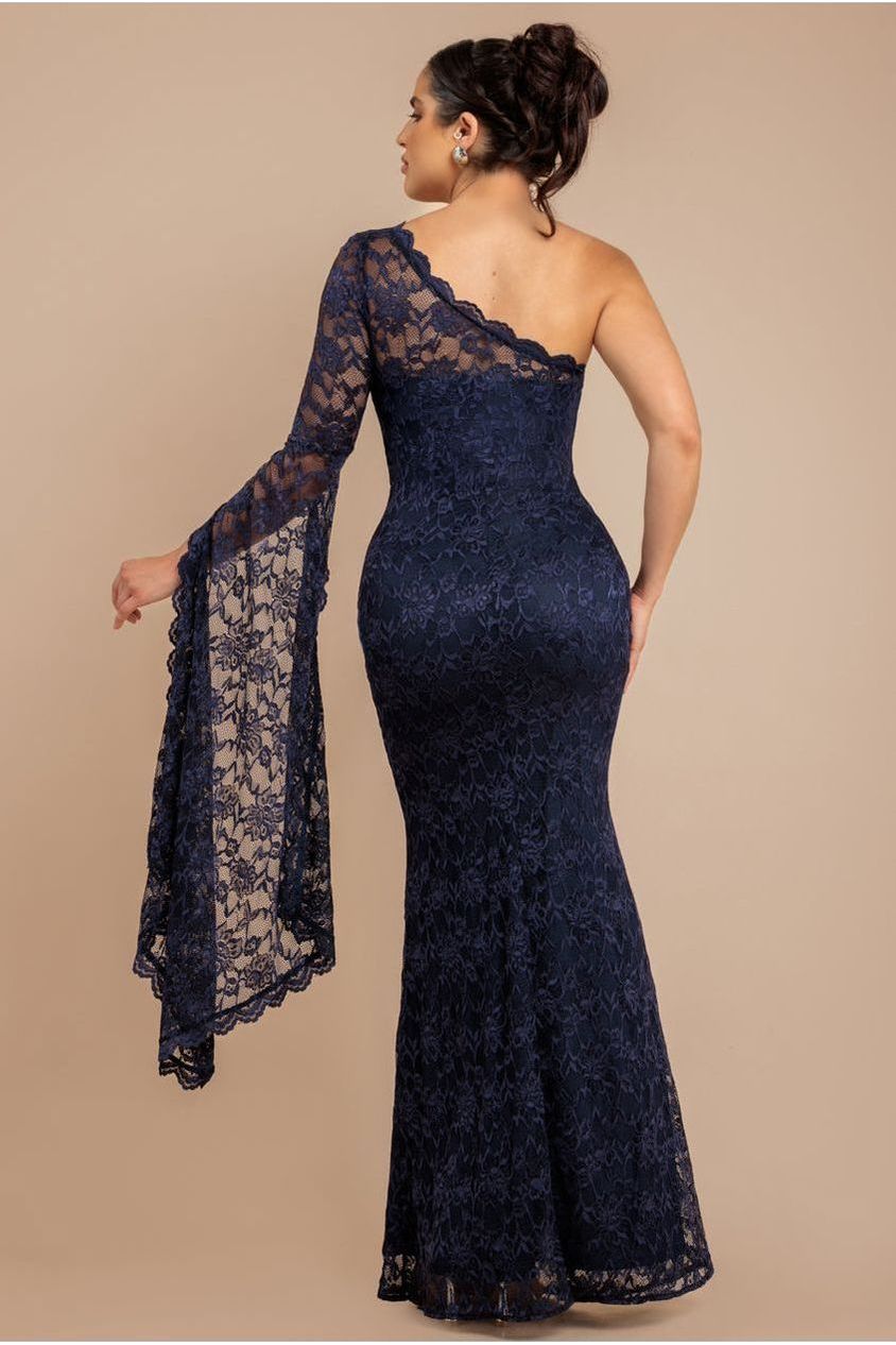 Navy Blue Scalloped Lace One Shoulder Maxi Dress DR4601