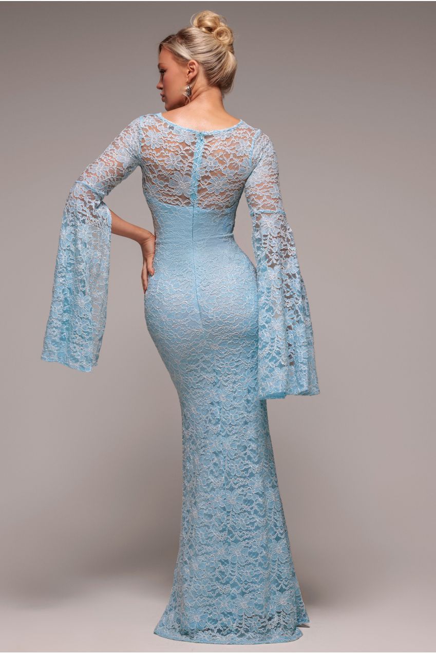 Sky Blue Corded Lace Cape Sleeve Mermaid Maxi Dress DR4621
