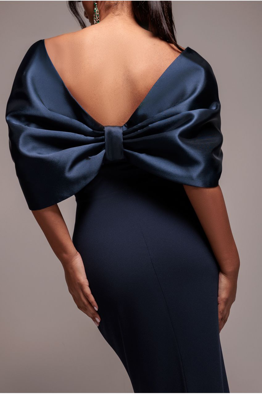 Navy Blue Off-Shoulder Satin Bow Back Maxi Dress DR4708