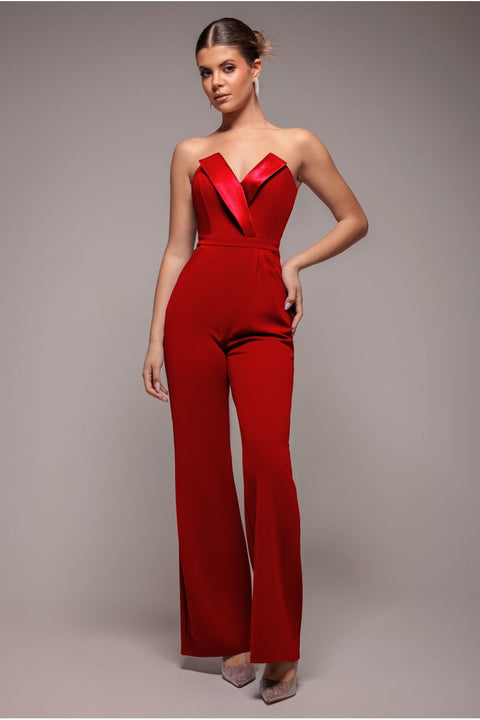 Red Satin Collar Tailored Cocktail Jumpsuit by Goddiva