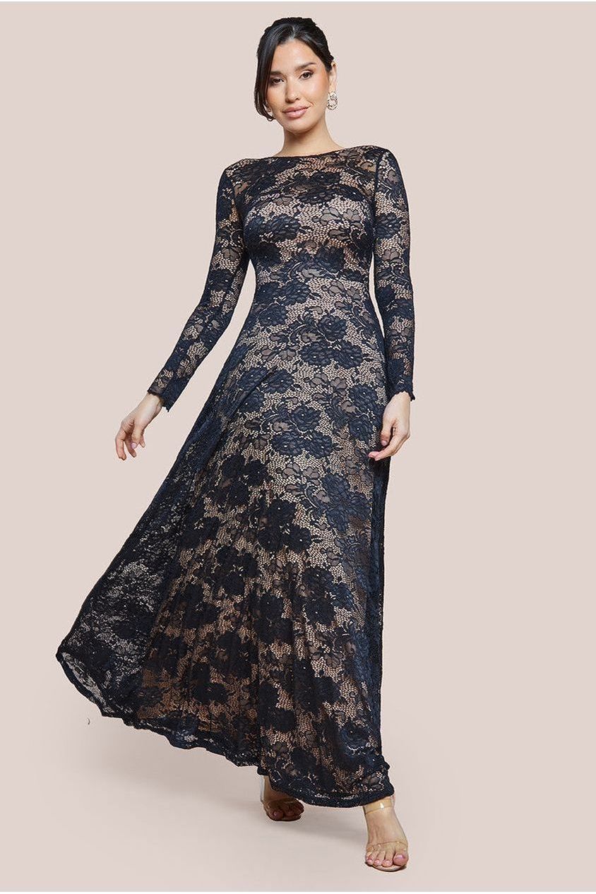 Black Scalloped Lace A-Line Maxi Dress DR4496