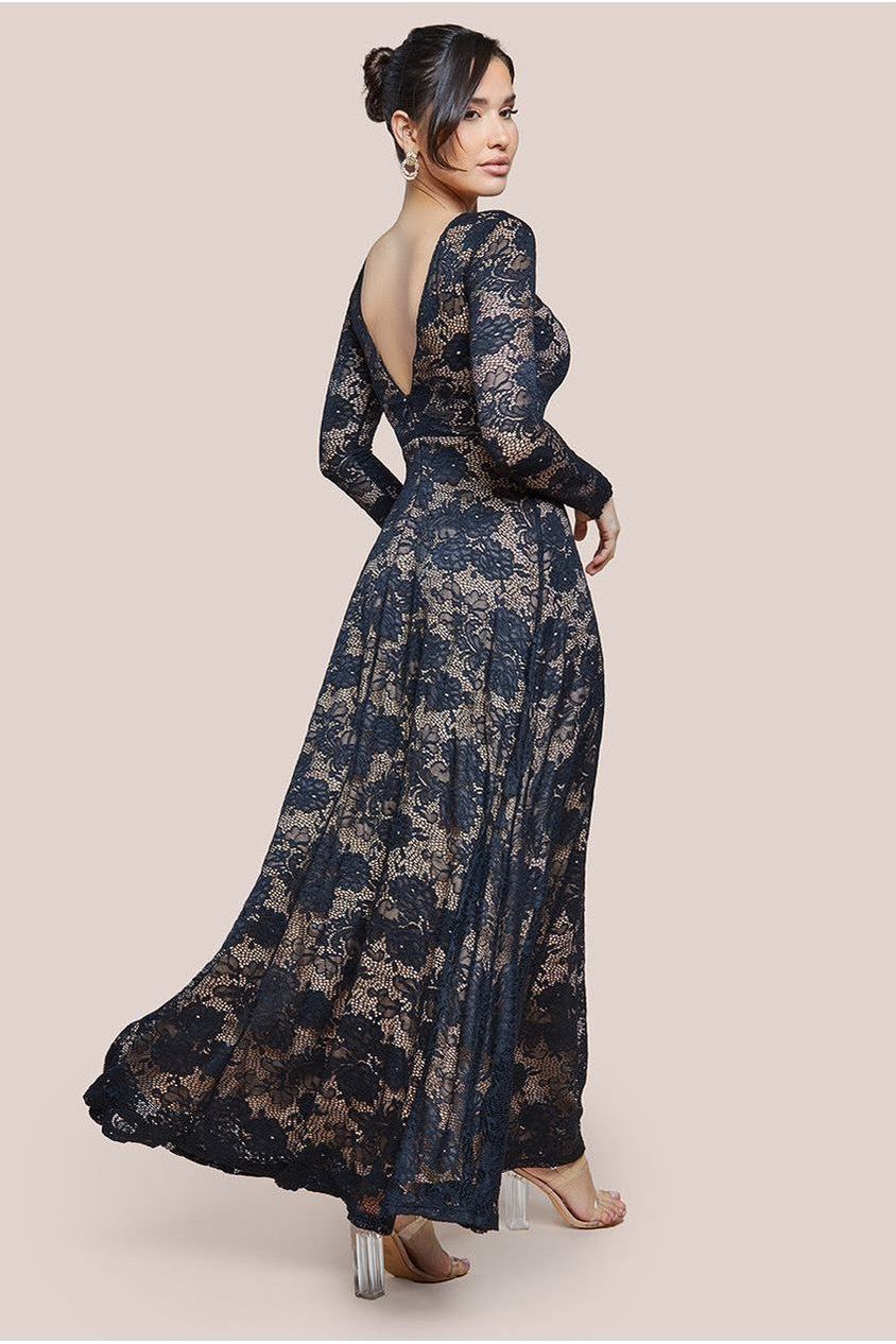 Black Scalloped Lace A-Line Maxi Dress DR4496