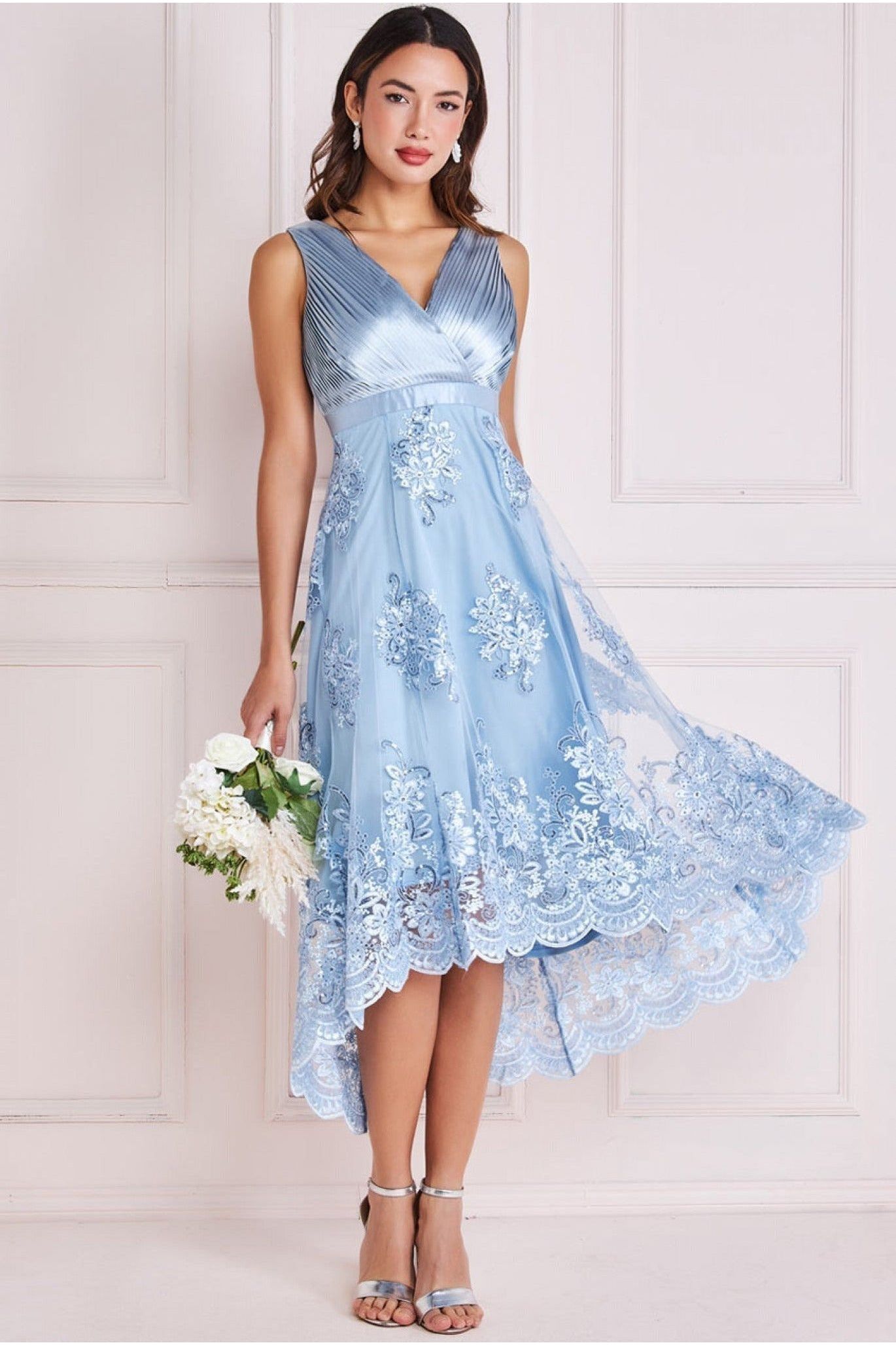 Light Blue Satin & Embroidered Lace V-Neck High-Low Midi Dress DR3813QZ