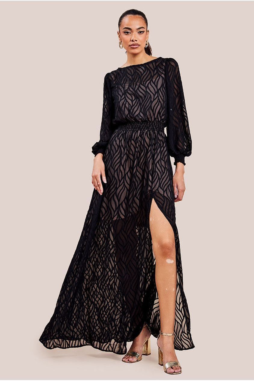 Black Geo Print Front Slit Chiffon Maxi Dress DR4413