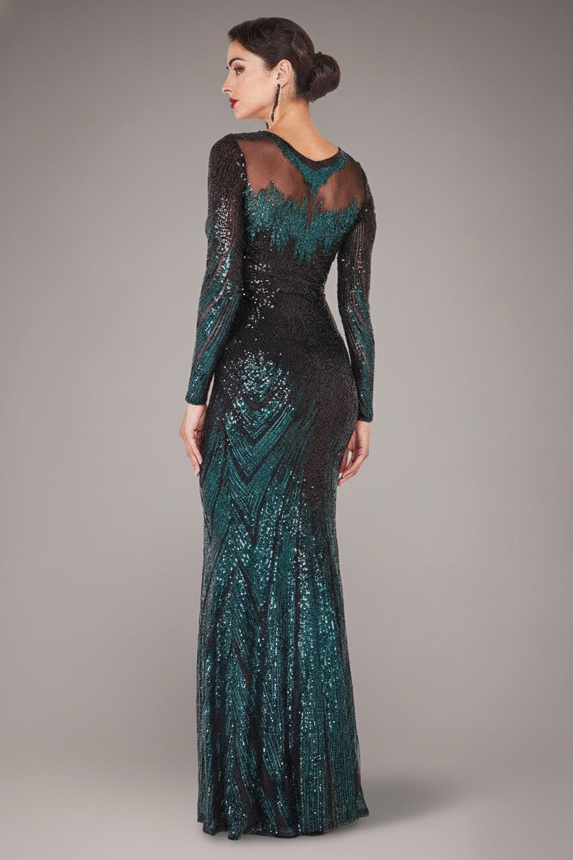 Emerald Aztec Sequin Long Sleeve Cocktail Maxi Dress DR3490