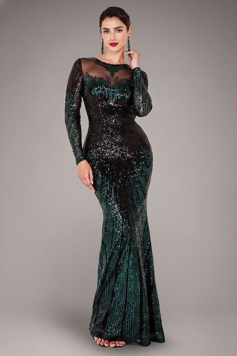 Emerald Aztec Sequin Long Sleeve Cocktail Maxi Dress by Goddiva