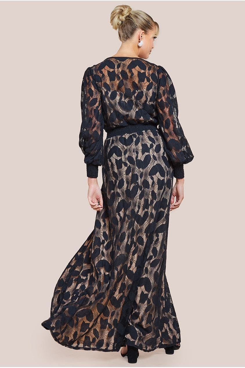 Black Lace Long Sleeve Front Slit Maxi Dress DR4476