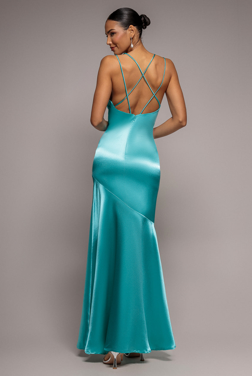Aqua Shimmer Satin Cowl Neck Strappy Back Maxi Dress DR2113QZ