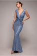 Blue Twist Front Embellished Sequin Cocktail Maxi Dress by Goddiva