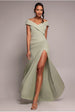 Sage Green Off-Shoulder Front Slit Scuba Crepe Maxi Dress by Goddiva