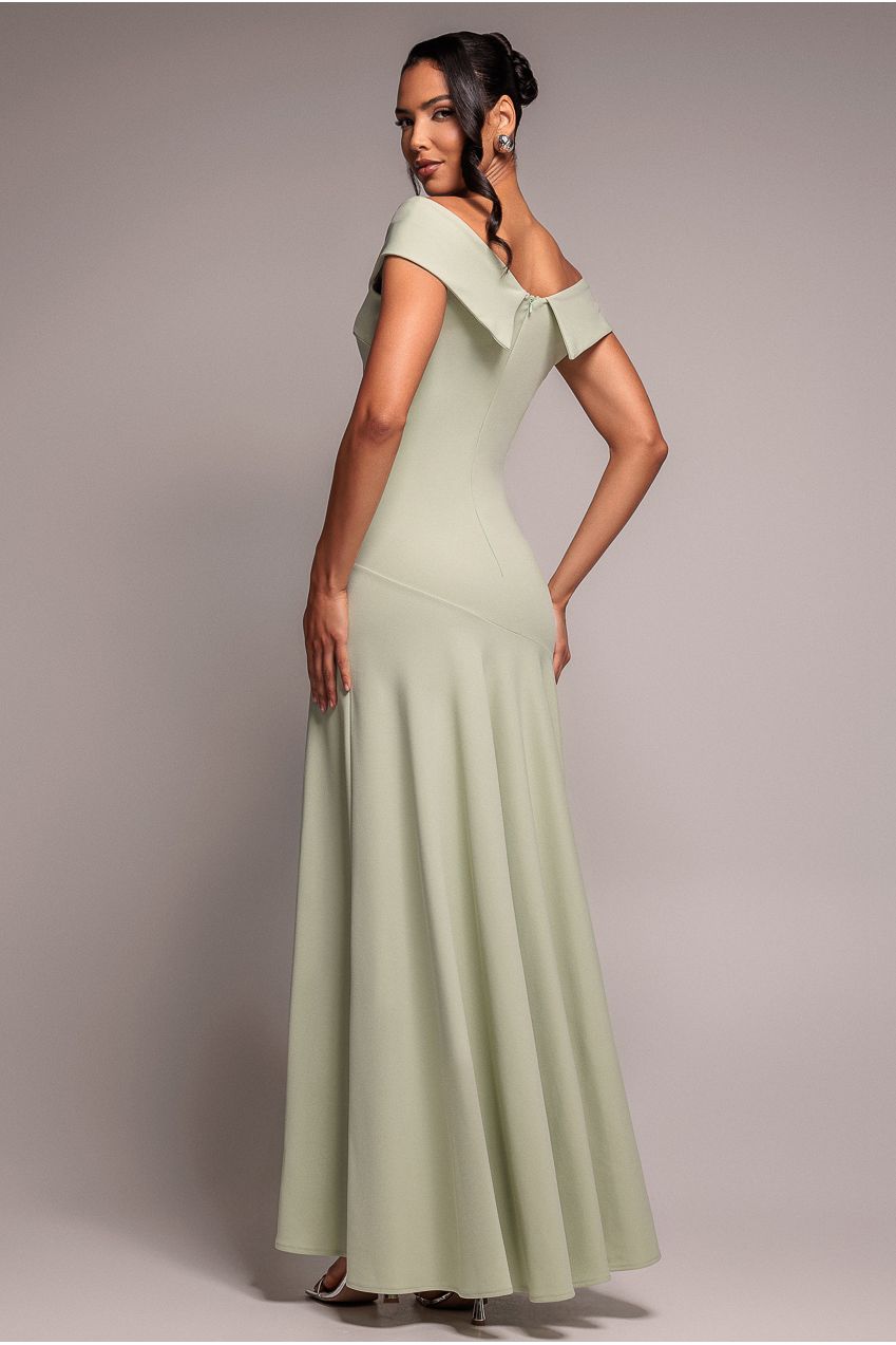 Sage Green Off-Shoulder Front Slit Scuba Crepe Maxi Dress DR2930SC