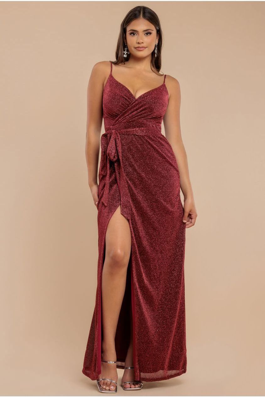 Wine Wrap Spaghetti Strap Front Slit Maxi Dress DR3137A