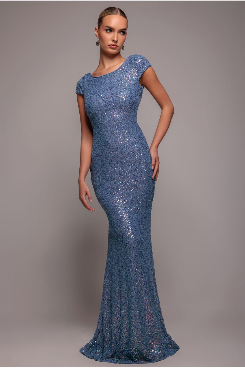 Blue Embellished Sequin Cowl Back Cocktail Maxi Dress DR3191