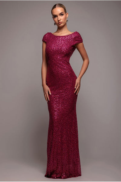 Burgundy - Burgundy Embellished Sequin Cowl Back Cocktail Maxi Dress by Goddiva