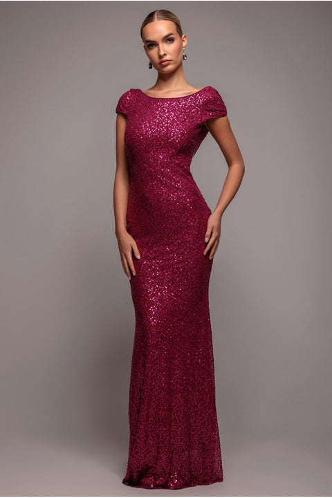 Burgundy Embellished Sequin Cowl Back Cocktail Maxi Dress by Goddiva