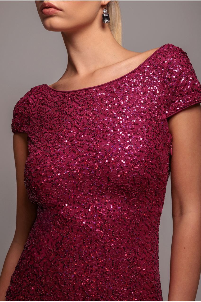 Burgundy Embellished Sequin Cowl Back Cocktail Maxi Dress DR3191
