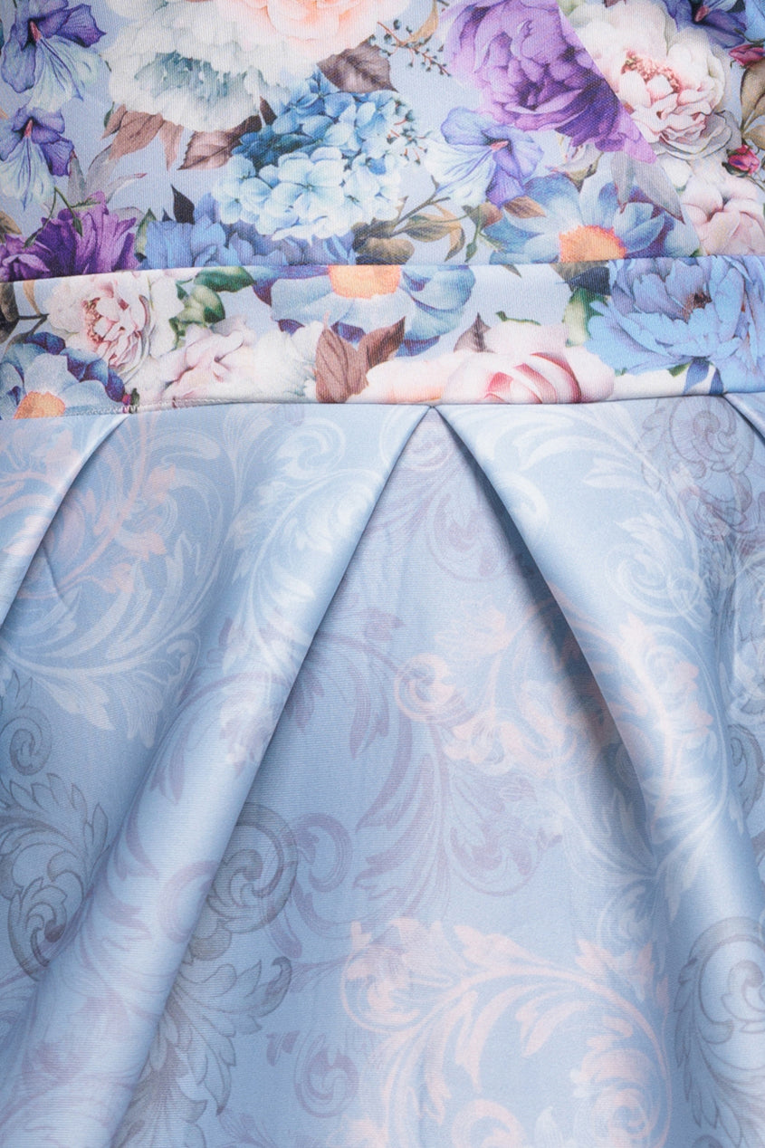 Powder Blue Floral Sweetheart Neck A-Line Midi Dress DR3207