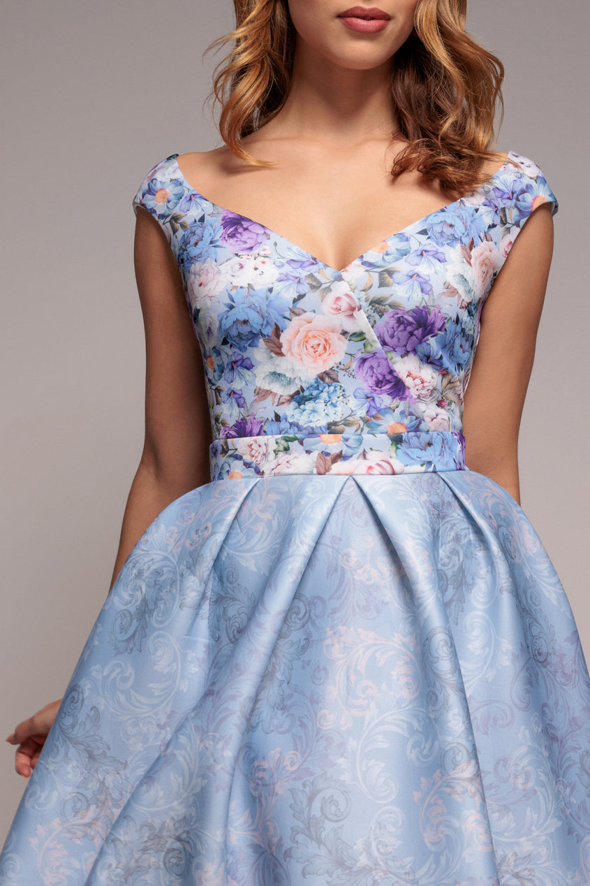 Powder Blue Floral Sweetheart Neck A-Line Midi Dress DR3207