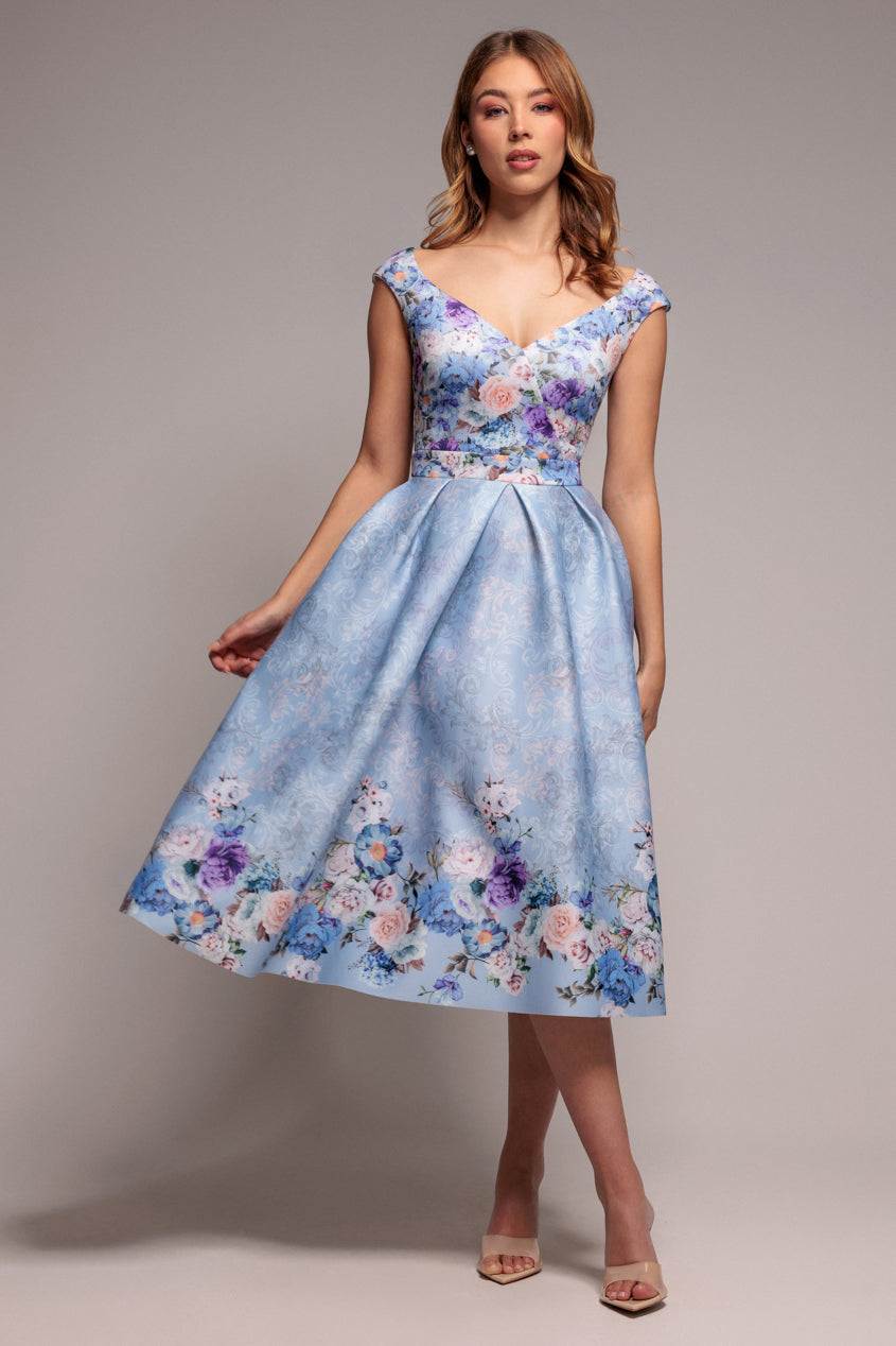 Powder Blue Floral Sweetheart Neck A-Line Midi Dress DR3207